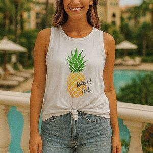 White Sleeveless Tank Top Pineapple XL Tie Front Casual Soft Beachy